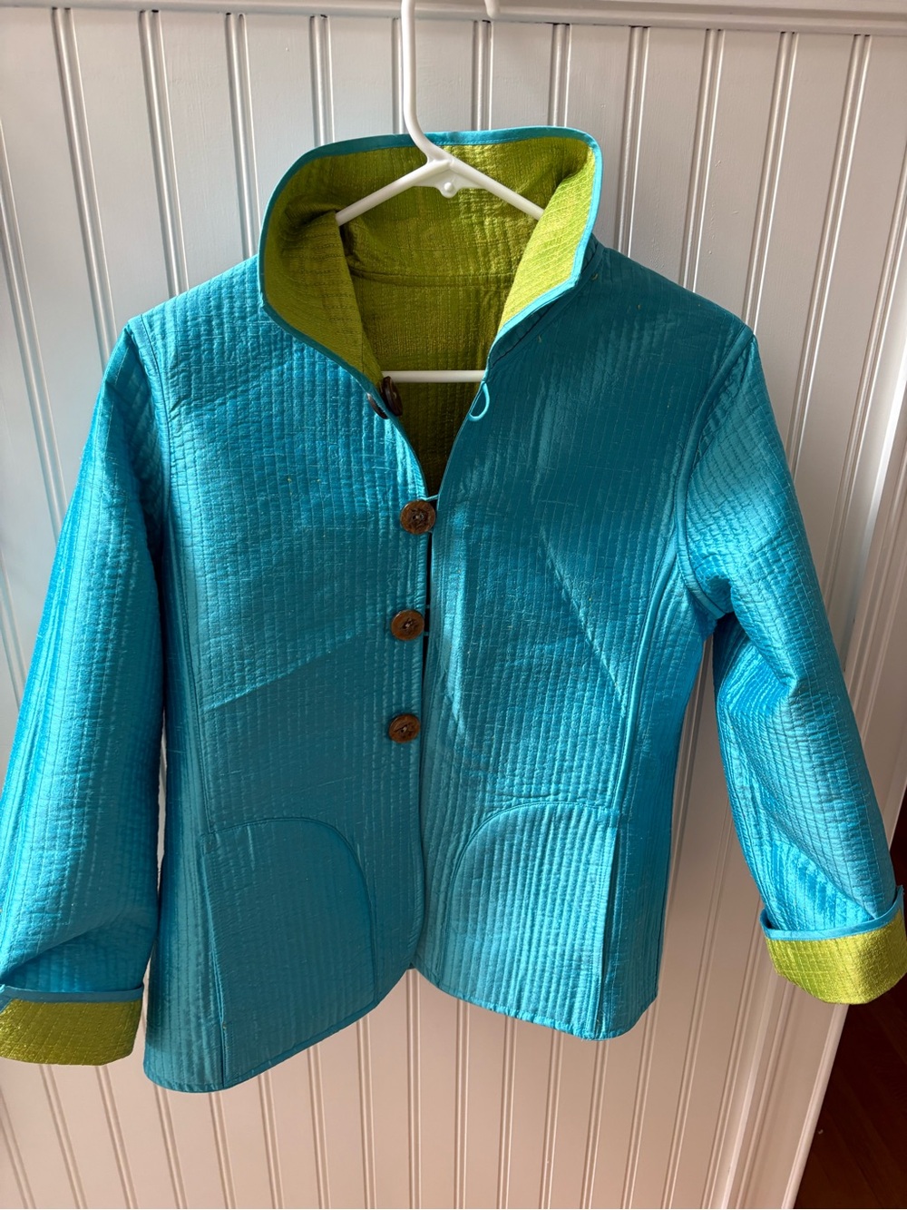 PATTY KIM Reversible Silk Woman’s Teal/Lime Green Quilted Jacket